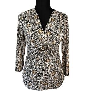 Cato V-neck Career Wear Blouse Size S Neutral Geometric Print